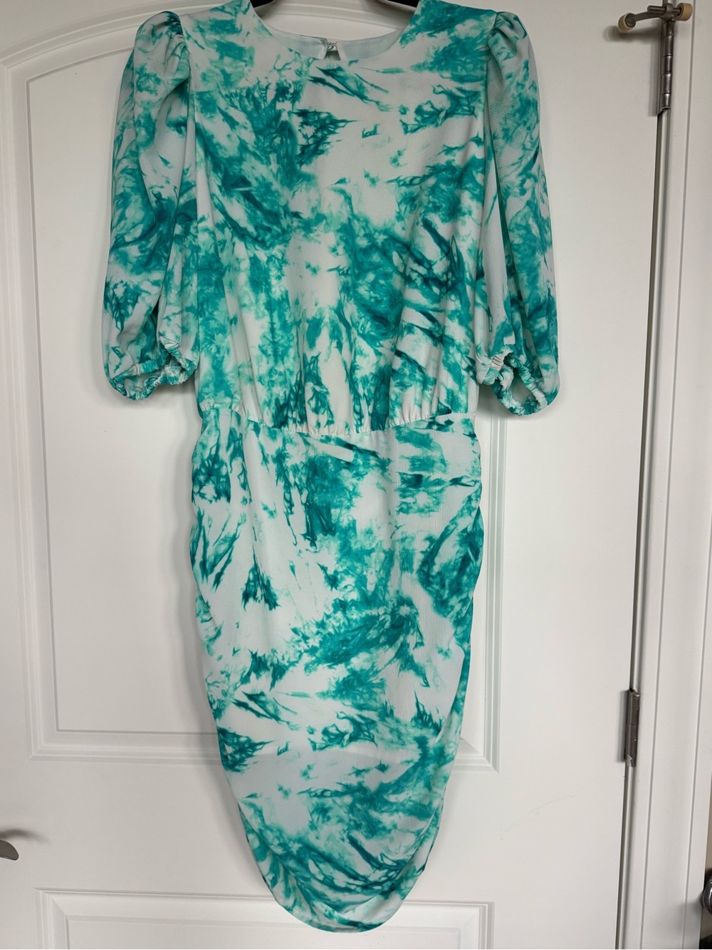 AFRM Teal Tie-Dye Puff Sleeve Midi Dress